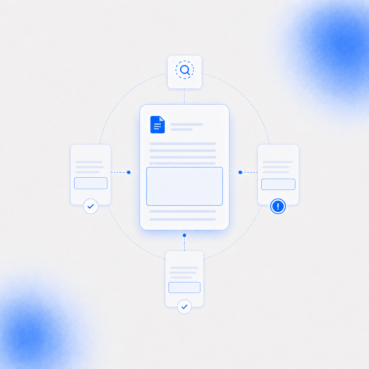 Trust score gauge with corroborating evidence sources connected by verification lines.